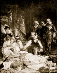 La morte della regina Elisabetta, 24 marzo 1603, illustrazione da «Story of the British Nation» di Hutchinson, 1920 circa